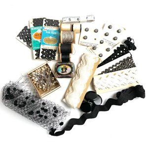 Vintage Black Sewing Trim Buttons Rick Rack Millinery Netting Thread